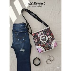 NWT Ed Hardy Y2K Crossbody Bag - Skull & Rose Tattoo Print - Pink Metallic